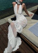 Rohak Halter Ruched Ruffle Maxi Dress In White