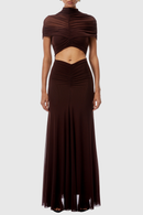 Farrux Draped Mesh A Line Maxi Dress In Brown