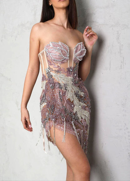Hixara Strapless Sequin Floral MIni Dress In Pink