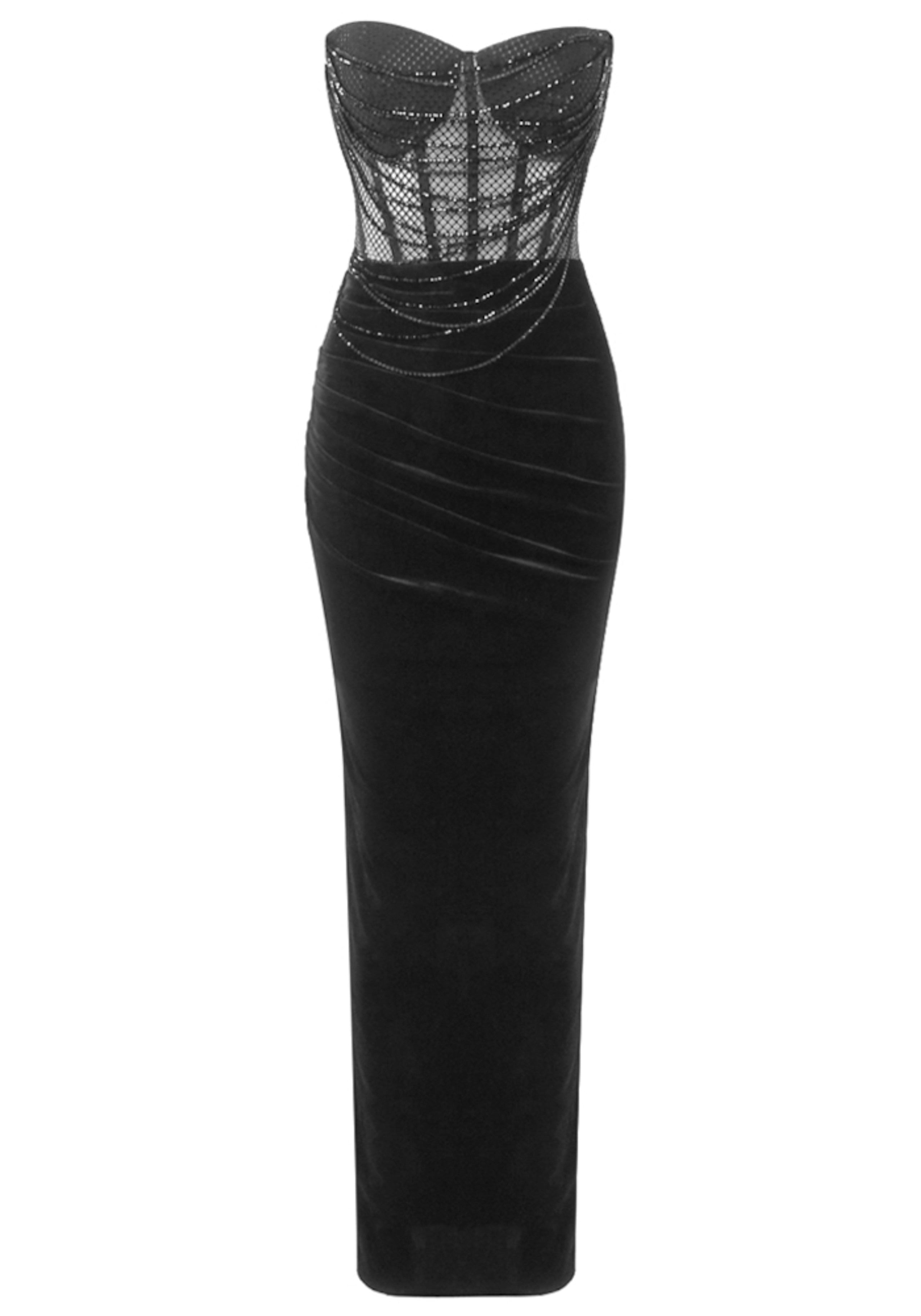 Hajar Strapless Sparkly Corset Maxi Velvet Dress In Black