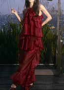 Brysalis Halter Floral Ruffle Maxi Dress In Red