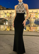 Ronica Halter Crystal Mermaid Maxi Dress In Black