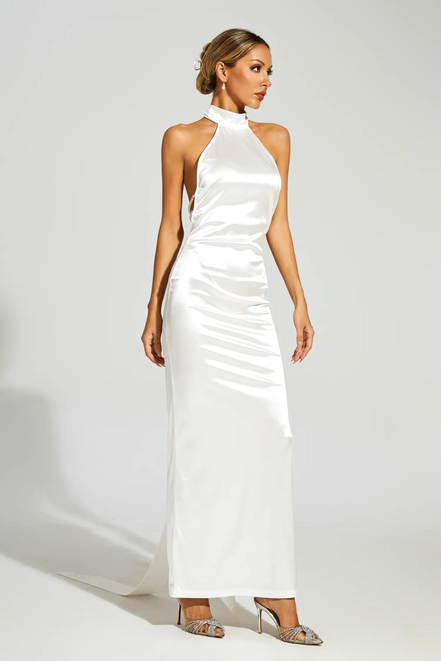 Halcyon Satin Belt Backless Pearl Embellished Maxi Dress In White