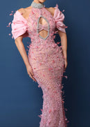 Kalene Halter Crystal Sequin Feather Maxi Dress In Pink