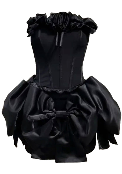 Cyrren Strapless Floral Bow Corset Two Piece Dress In Black