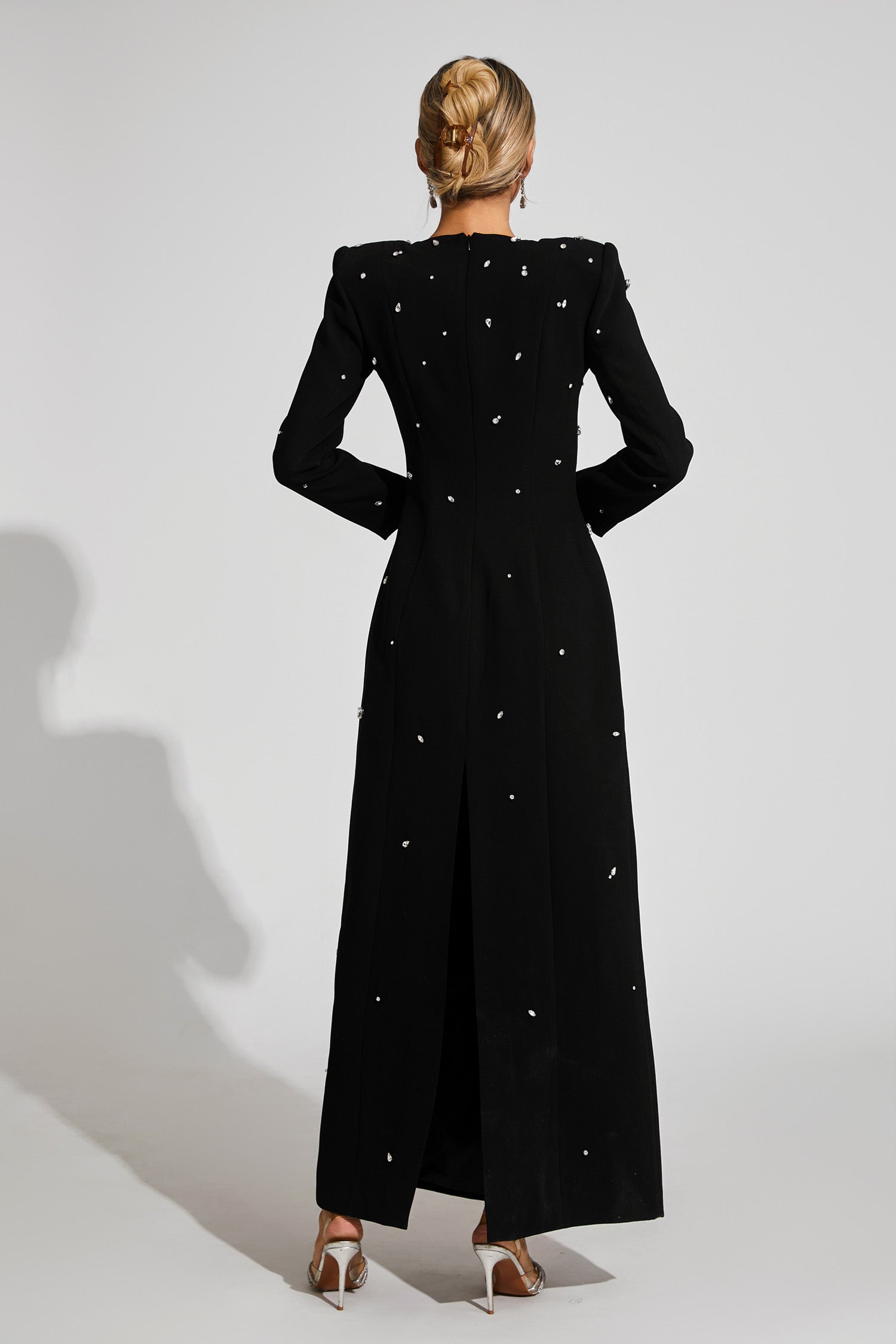 Bethel Long Sleeve Crystal A Line Maxi Dress In Black