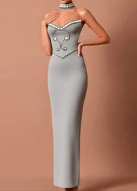 Aethon Crystal Choker Strapless Maxi Dress In Grey
