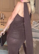 Mansi Halter Sparkly Maxi Dress In Brown