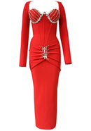 Ixarya Long Sleeve Crystal Bustier Draped Maxi Dress In Red