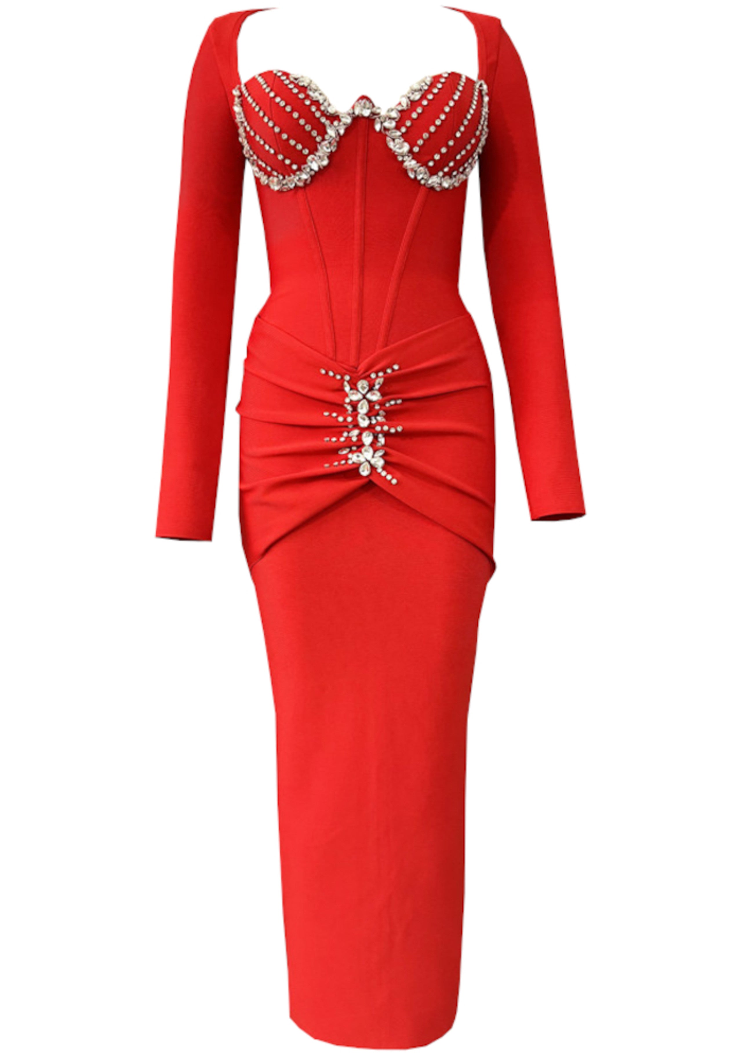 Ixarya Long Sleeve Crystal Bustier Draped Maxi Dress In Red