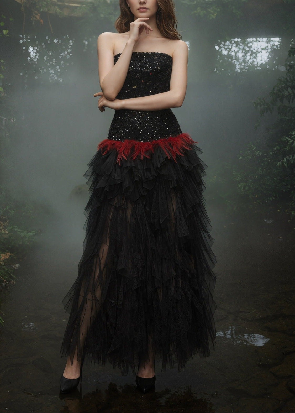 Alfhild Strapless Sequin Ruffle Maxi Dress