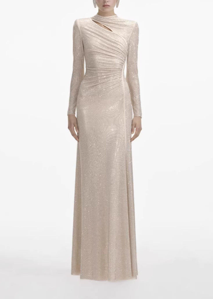 Antares Long Sleeve Embellished Maxi Dress In Nude