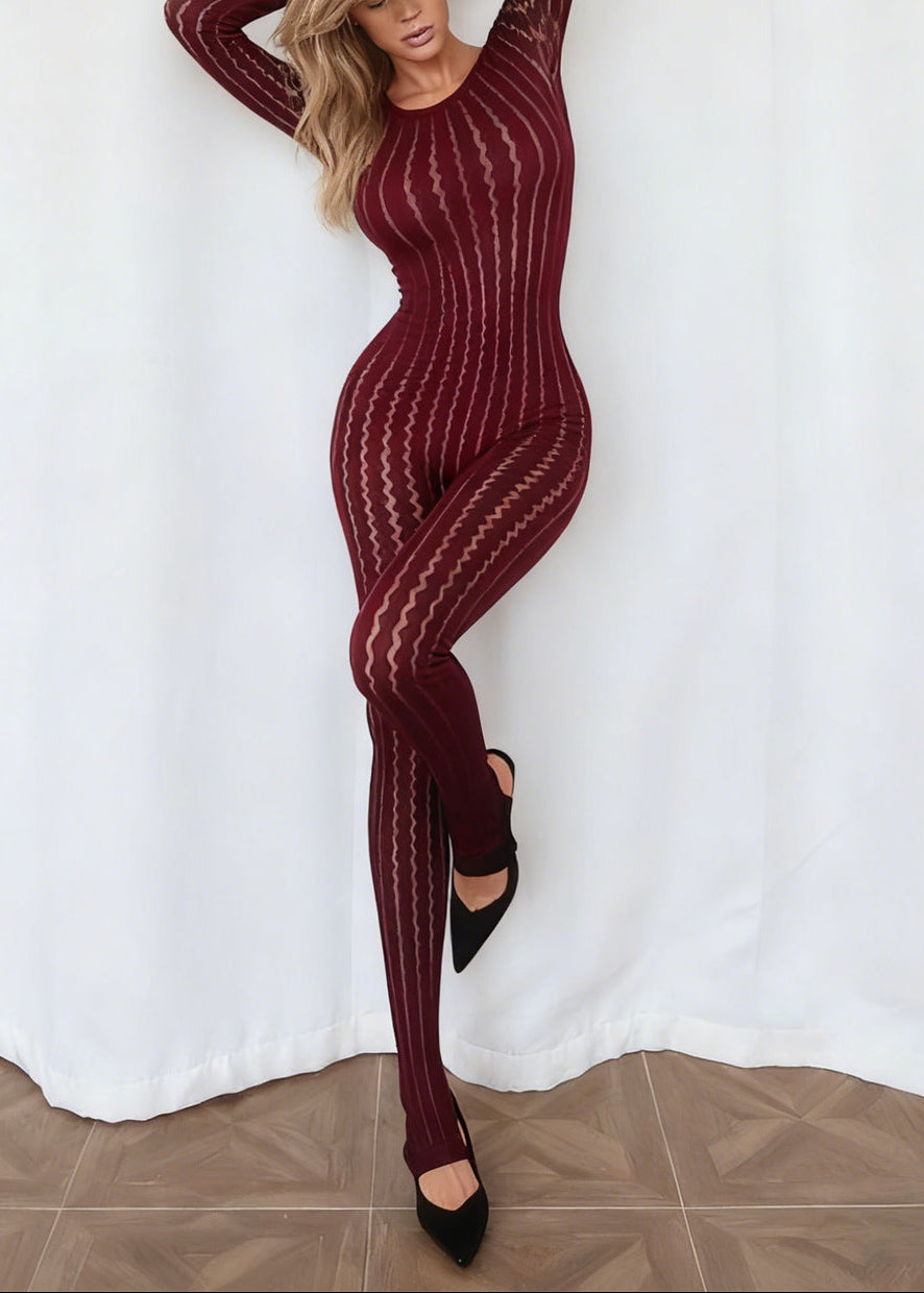 lizeth Long Sleeve Floral Bodycon Jumpsuit In Black