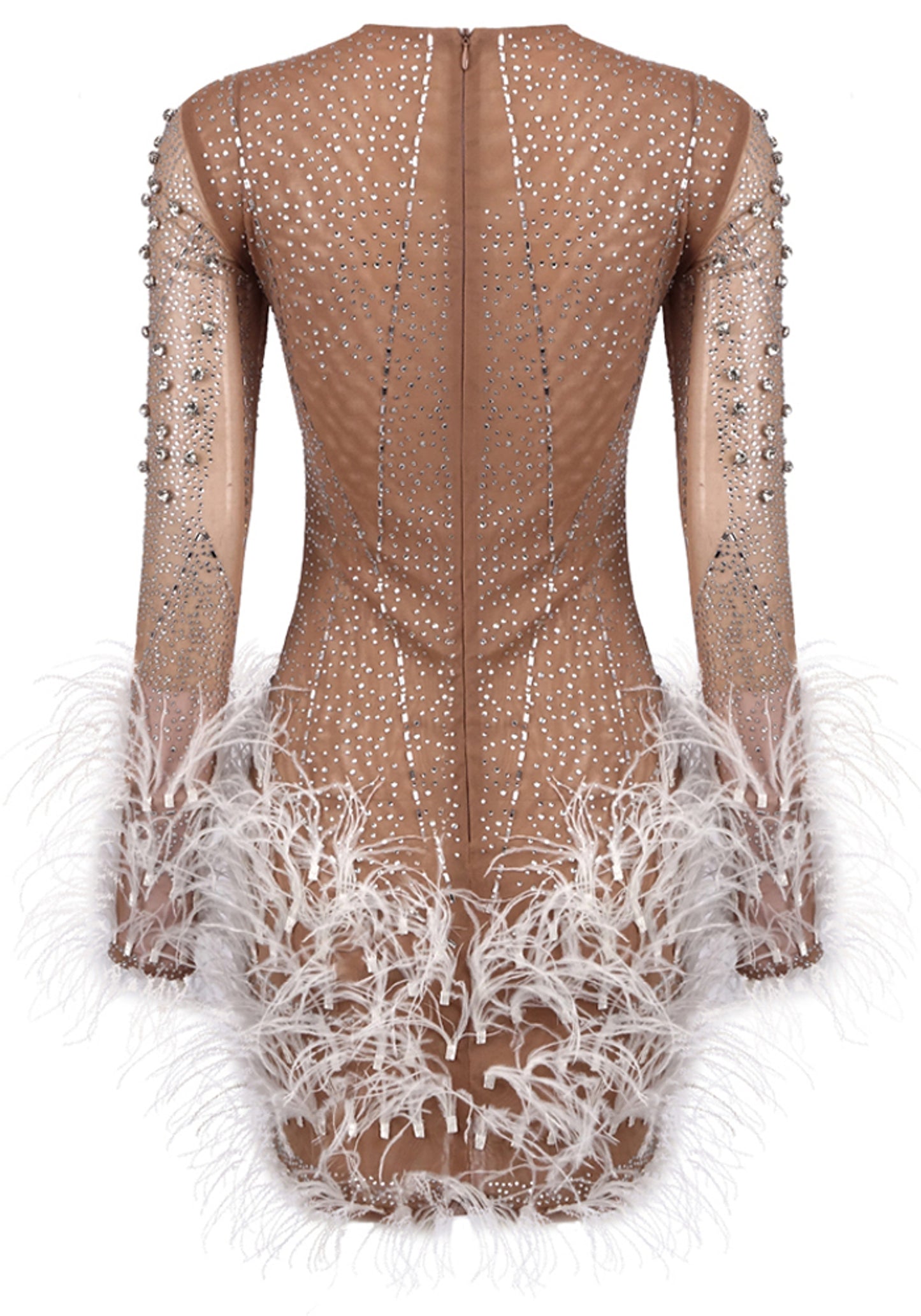 Bairbre Long Sleeve Crystal Feather Dress In Nude White