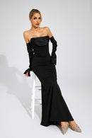 Radka Long Sleeve Strapless Draped Maxi Dress In Black