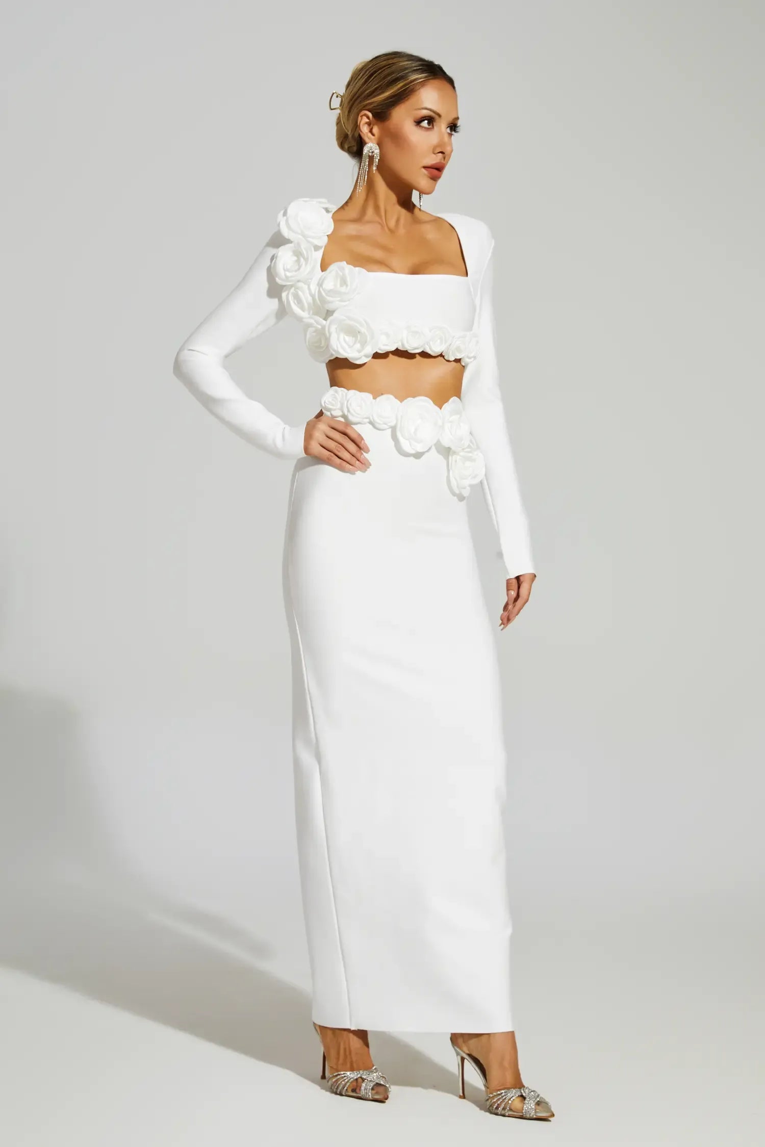 Dellis Flower Bandage Skirt Set In White