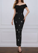 Thalyss Draped Bardot Crystal Maxi Dress In Black