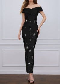 Thalyss Draped Bardot Crystal Maxi Dress In Black