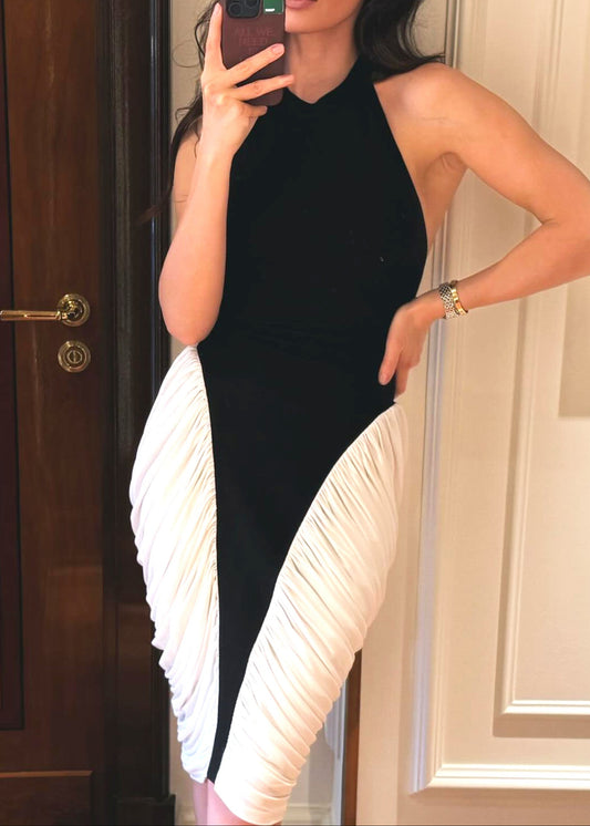 Daelen Halter Draped Midi Dress In Black White