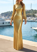 Farjana Long Sleeve Crystal Neck Sequin Maxi Dress In Gold