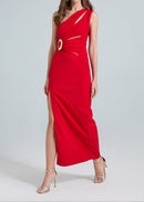 Nebraska One-Shoulder Cutout Side Slit Maxi Dress In Red