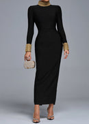 Chiara Long Sleeve Gold Bead Bandage Midi Dress In Black