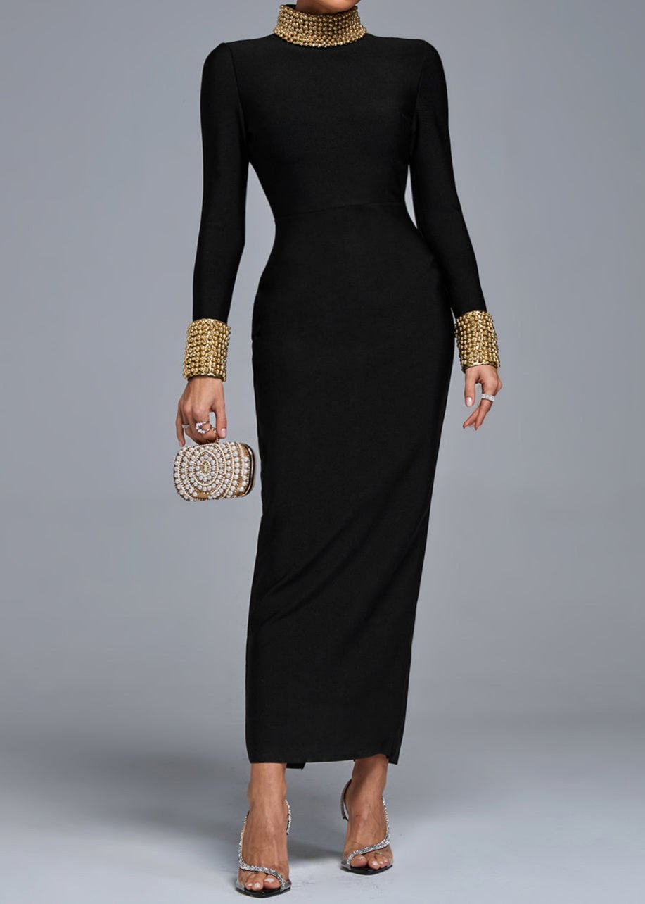 Chiara Long Sleeve Gold Bead Bandage Midi Dress In Black