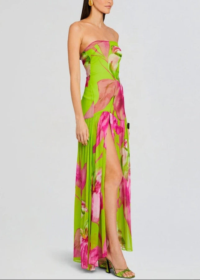 Kaeris Strapless Printed Split Maxi Dress In Green