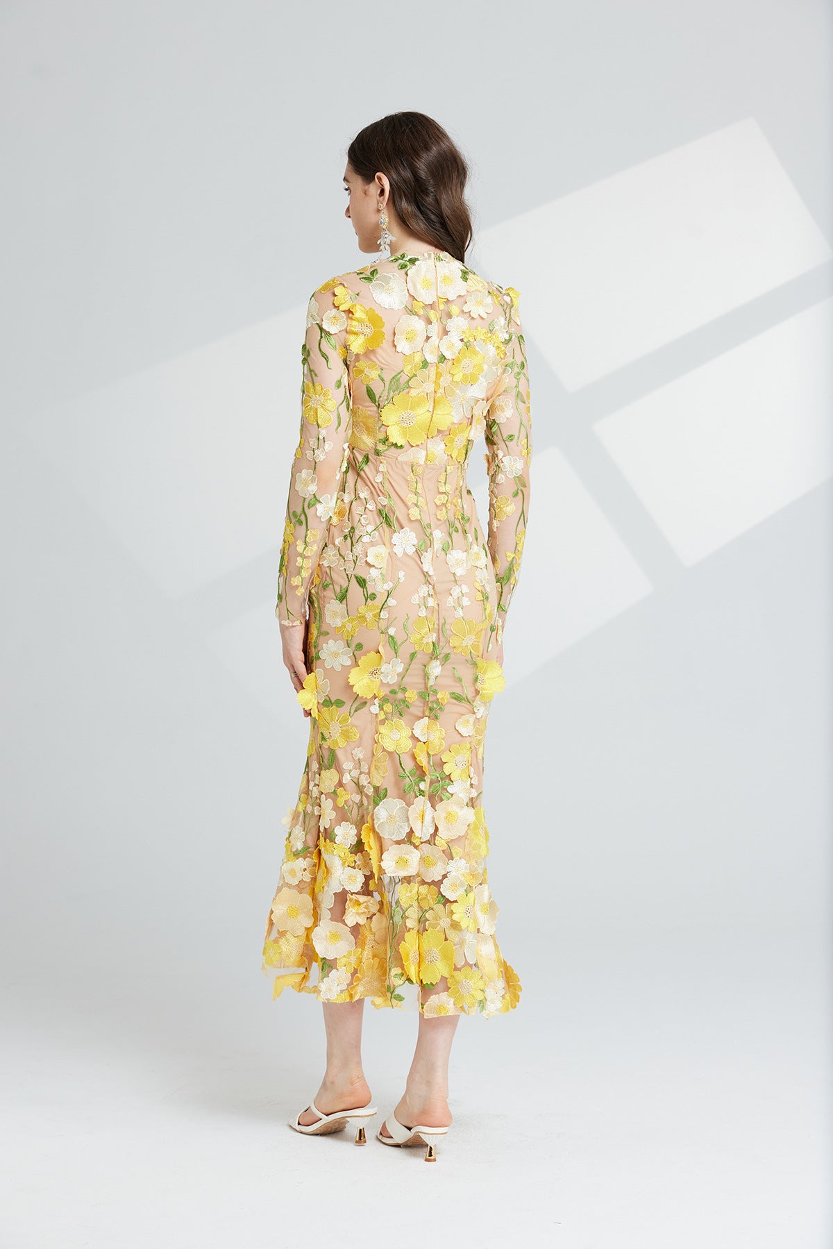 Thalvix Floral Embroidery Mesh Long Sleeve Midi Dress In Yellow