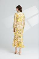 Thalvix Floral Embroidery Mesh Long Sleeve Midi Dress In Yellow