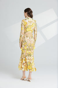 Thalvix Floral Embroidery Mesh Long Sleeve Midi Dress In Yellow