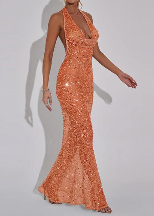 Everett Halter Sequin Maxi Dress In Orange