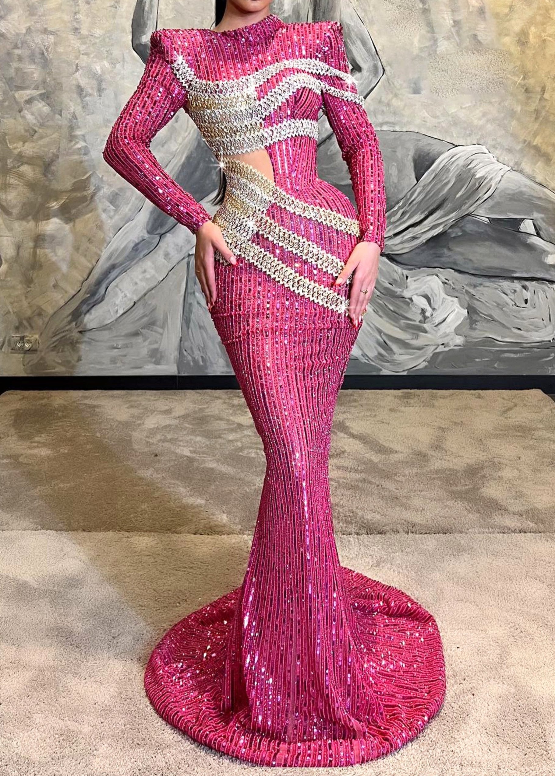 Seabi Long Sleeve Sequin Maxi Dress In Hot Pink