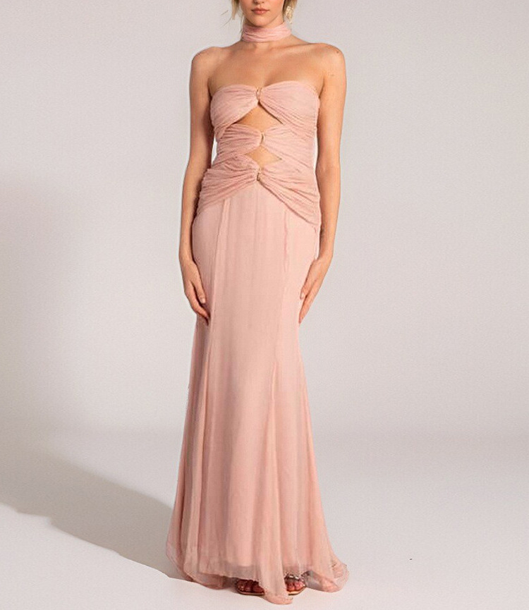 Susmita Hollow Bandage Strapless Tulle Maxi Dress In Pink