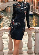 Nereus Long Sleeve Crystal Embellished Mini Dress In Black