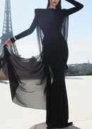 Drynthos Long Sleeve Draped Design Maxi Dress In Black