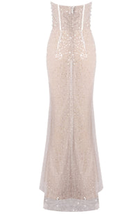 Pagan Strapless Pearl Sequin Corset Maxi Dress In Nude