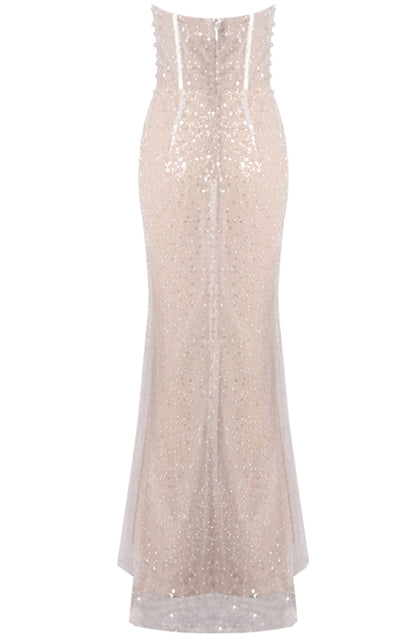 Pagan Strapless Pearl Sequin Corset Maxi Dress In Nude