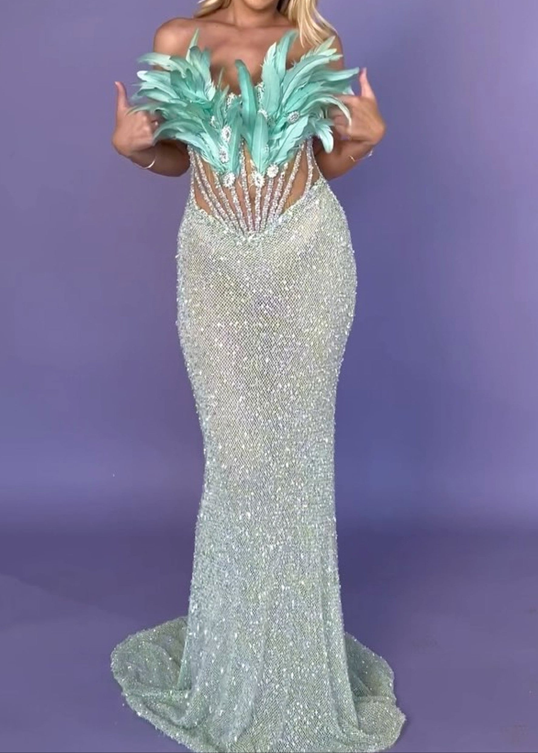 Brynthia Strapless Feather Corset Sequin Maxi Dress In Green