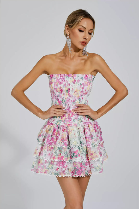 Fritia Floral Ruched Strapless Mini Dress In White