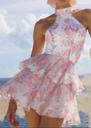 Panola Backless Flower Printed Bow Mini Dress In Pink