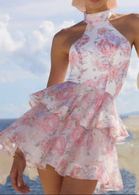 Panola Backless Flower Printed Bow Mini Dress In Pink