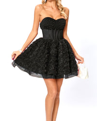 Osorio Strapless 3D Floral A Line Mini Dress In Black