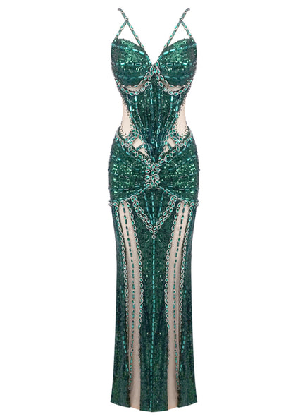 Baara Crystal Bustier Sequin Maxi Dress In Green