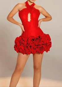 Alythia Halter Lace Insert Floral Dress In Red