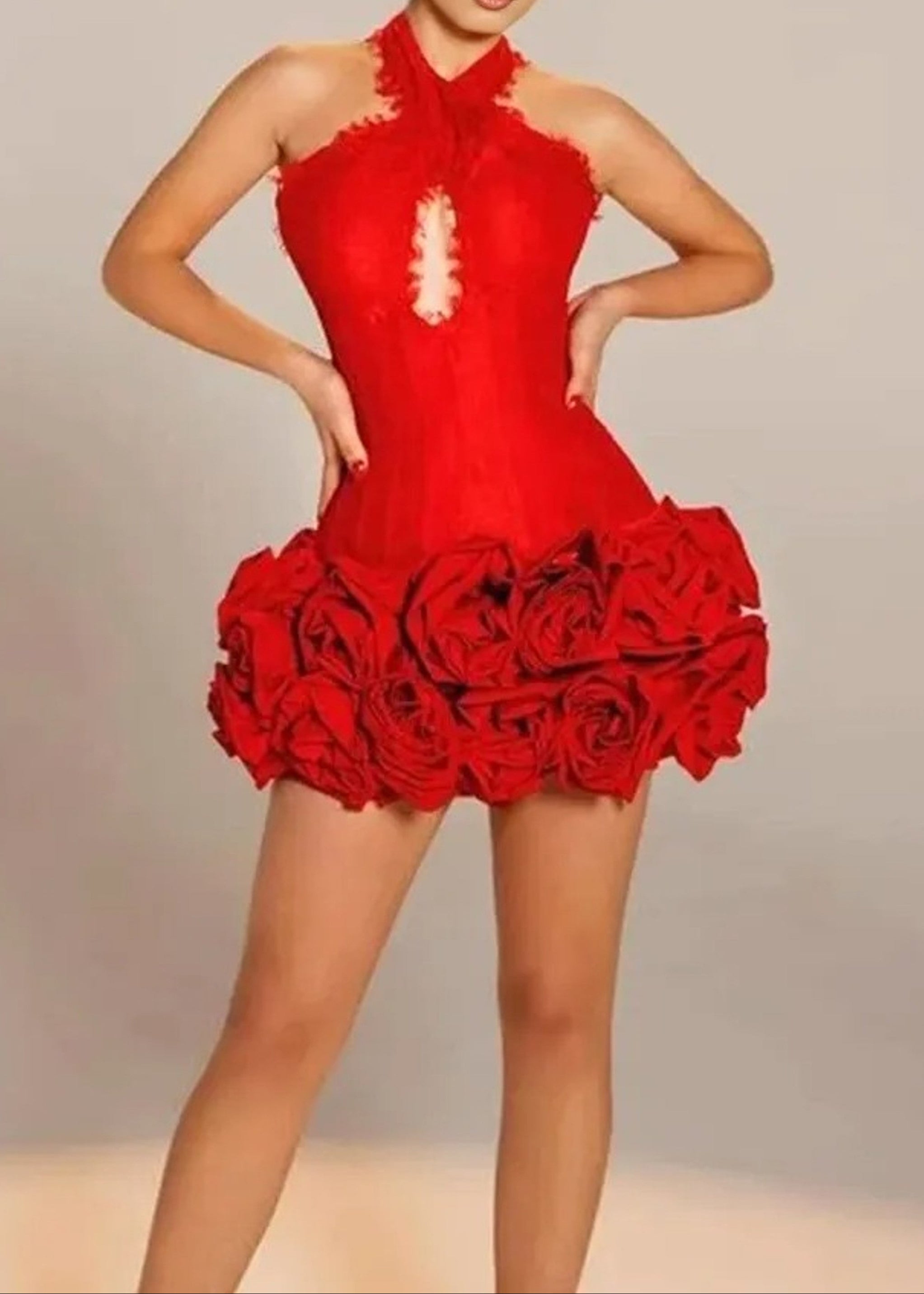 Alythia Halter Lace Insert Floral Dress In Red