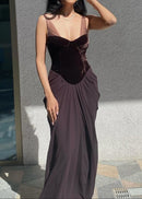 Cazmir Velvet Bustier Draped Maxi Dress In Brown
