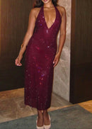 Baryx Halter Sparkly Midi Dress In Burgundy