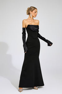 Radka Long Sleeve Strapless Draped Maxi Dress In Black