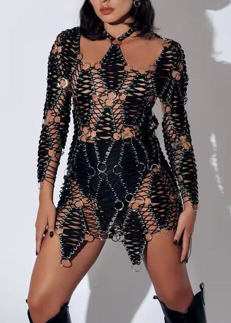 Zylon Long Sleeve Leather Mini Dress